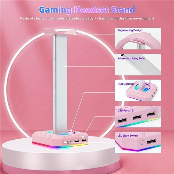 Pink Headphone Stand RGB Lights GamingHeadset Holder with 3USB Port for Charging - Picture 5 of 6